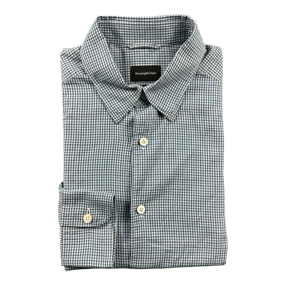 Ermenegildo Zegna Mens Blue White Checked Premium Cotton Button Front Shirt M